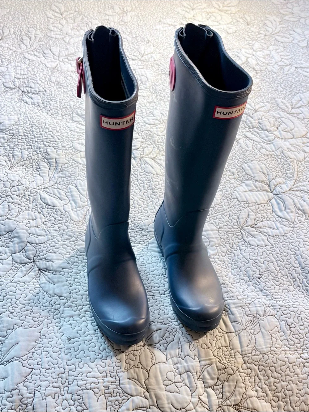 💥Hunter Original Tall Rain Boots Gray Pink Buckle Waterproof Wellies Sz 5❤️